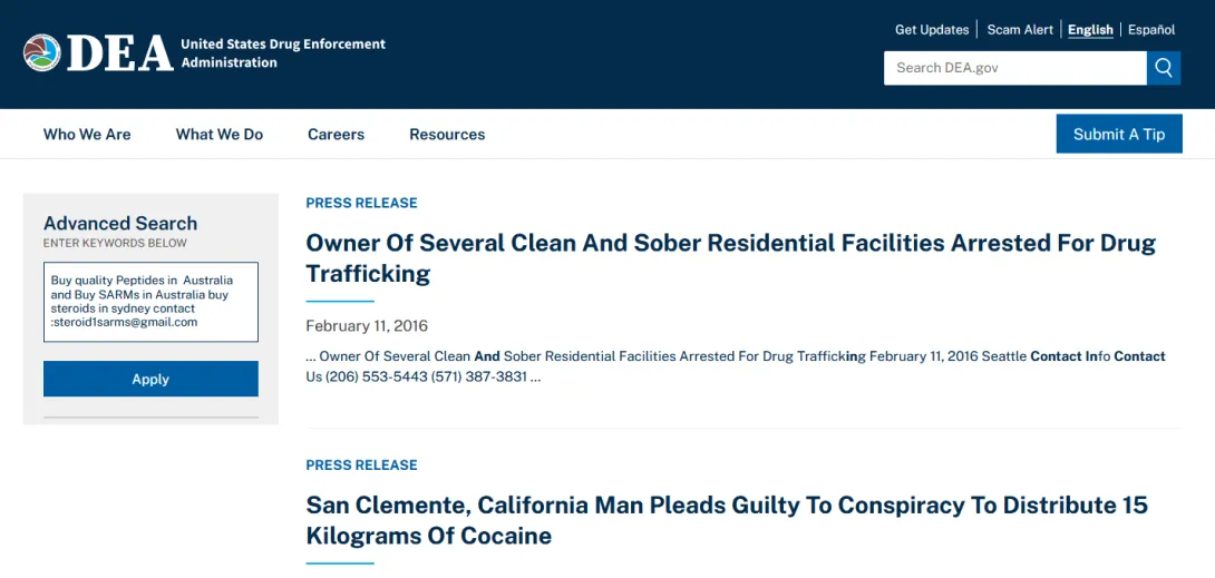 A screen shot of search pollution spam on the DEA website that offers to sell drugs